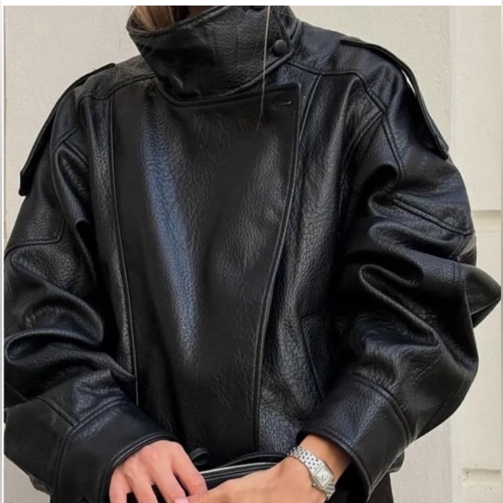 Classic Black Faux Leather Jacket - Women's High Collar Coat